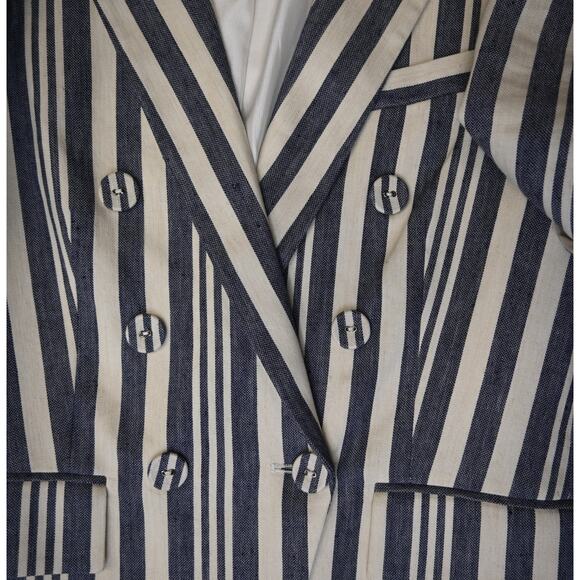 Veronica Beard Millar Blazer Size Medium Blue Cream Striped Linen Blend - Picture 9 of 11